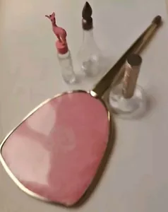 Vintage Decor Handheld Metal Golden Mirror & 3 Mini Perfume Bottles Vanity Lot - Picture 1 of 8