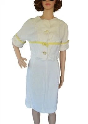 Vintage 60s Handmade Skirt Set Beige Yellow Womens XS Preppy Secretary Suit Set - Image 1 of 4