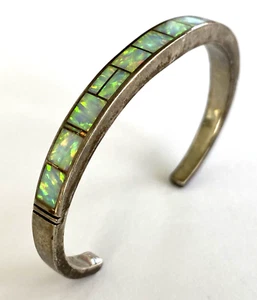 Signed By Designer Native American Sterling Silver Opal Inlay Bracelet Cuff - Picture 1 of 21