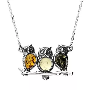 Mixed Amber Trio of Owls on Branch Necklace Sterling Silver 925 41-46cm extender - Picture 1 of 5
