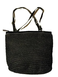 Marlo Handbag Purse Black Wooly Bands Shiny Straps 4x11x13 Full Zip - Picture 1 of 5