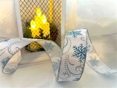 FROZEN WONDERLAND Snowflake Icy Blue & Silver Winter - Luxury Wire Edge Ribbon - Image 1 of 4