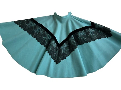 VTG 50's NORMAN Turquoise Felt Full Circle Poodle Skirt w Black Lace Embroidery - Image 1 of 4