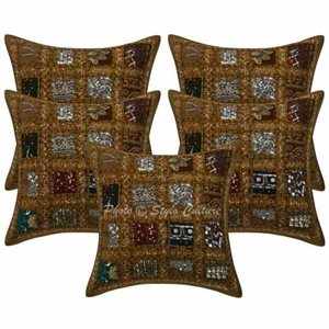 Bohemian Lounge Sofa Cushion Covers 40x40 cm Sequins Patchwork Cotton Set Of 5 - Picture 1 of 3