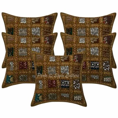 Bohemian Lounge Sofa Cushion Covers 40x40 cm Sequins Patchwork Cotton Set Of 5 - Image 1 of 3