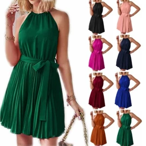 Summer new neckline tie up sleeveless pleated mini dress beach skirt new - Picture 1 of 32