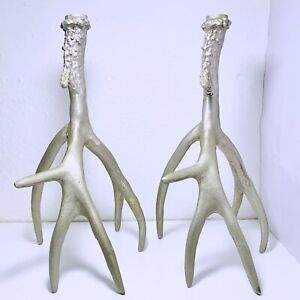 ANTLER CANDLE HOLDERS Set of 2 Cast Iron Stag Deer Matte Silver Tone Home Decor