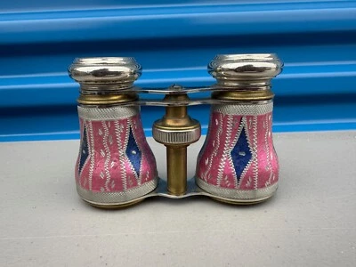 Antique Opera Binoculars Chevalier Paris Beautiful Pink With Diamond Pattern - Image 1 of 4