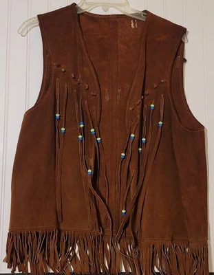 Vintage 70's Fringed Brown Leather Beaded Hippie Indian Style Vest - Image 1 of 4