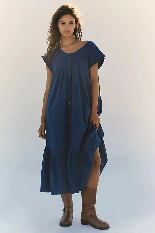 Vestido Free People Aster Midi Buttondown Encaje Volantes Azul Marino Plisado Manga Corta M Foto 1 de 4