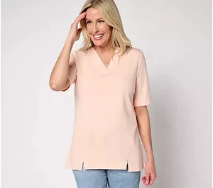 Top Denim & Co. Manga Corta Cuello en V-Sorbete Melocotón-2X A689760 NUEVO - Imagen 1 de 1