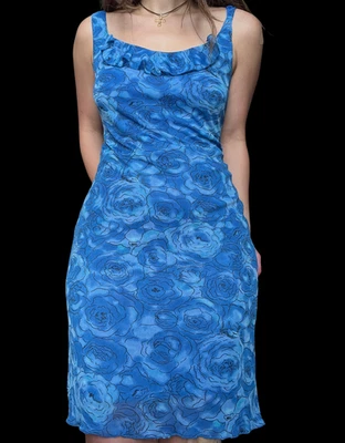 Vintage 1990s believe... Blue Mesh Floral Ruffle Dress Sundress Whimsigoth 10 - Image 1 of 4