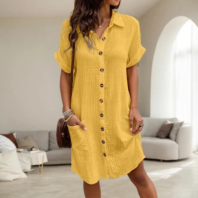 Mujeres Manga Corta Abotonada Mini Vestido Damas Playa Vacaciones Informal Camisa Vestido Foto 1 de 4