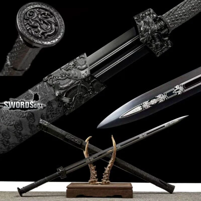 41'' All Black Chinese Jian Double Edged Dragon Sword 1095 Carbon Steel Blade - Image 1 of 4