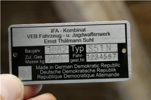 Typenschild für Simson S51 N Plakette Typenschild beschriftet / gestanzt - Bild 1 von 1