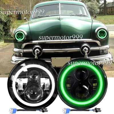 Par de faros LED redondos de 7" verde halo DRL haz alto/bajo aptos para Ford Custom 1949-1957 Foto 1 de 4