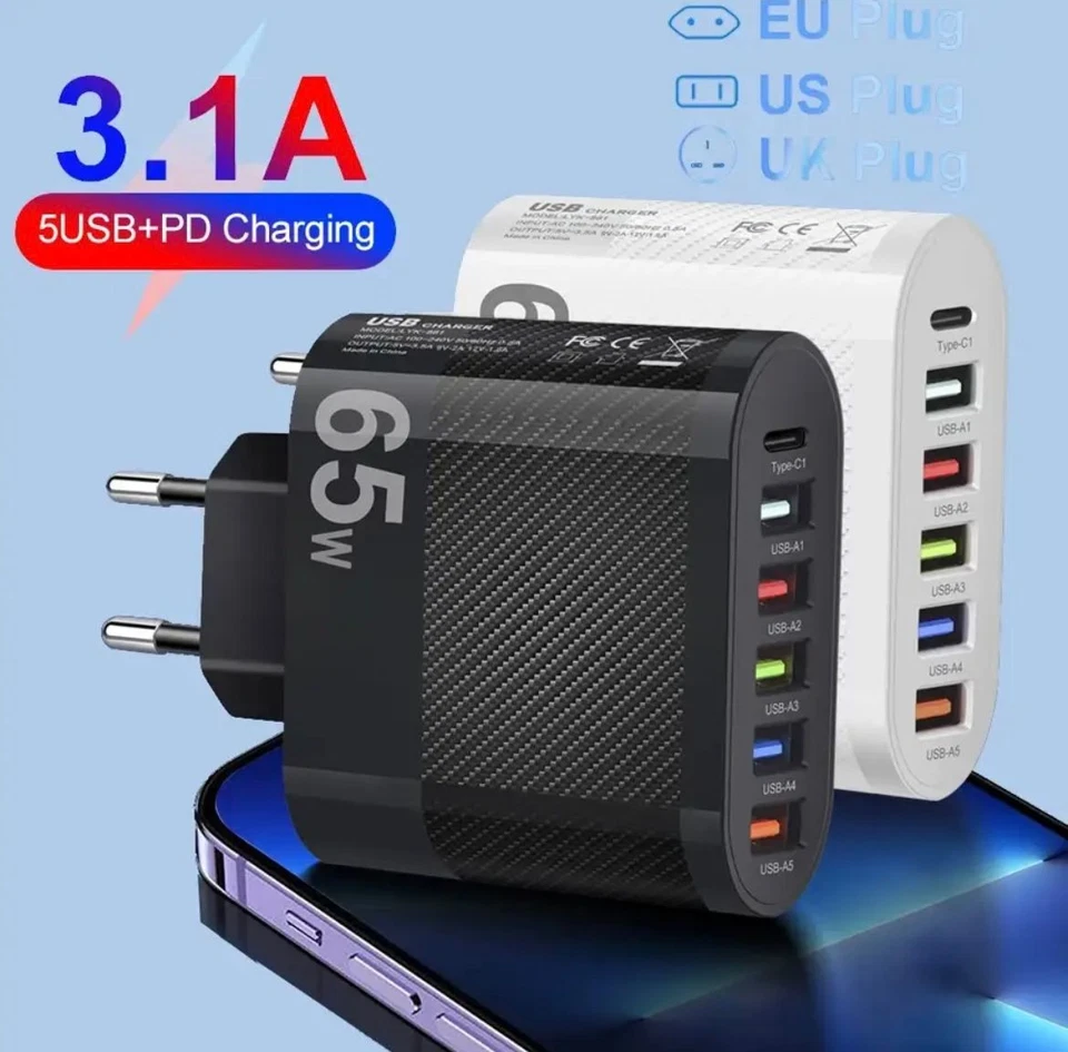 Multi USB Ladegerät 6 Port Ladestation Mehrfach Ladestecker 65W Mehrfach Stecker - Bild 1 von 4