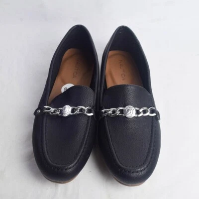 Nautica Womens 9W Raintree Black Slip On Loafers Flats Silver Chain Classic Lux - Image 1 of 4