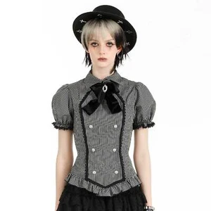 DARK IN LOVE Academy Bluse Grau-Schwarz gestreift Samt-Schleife Katze GOTHIC - Bild 1 von 11