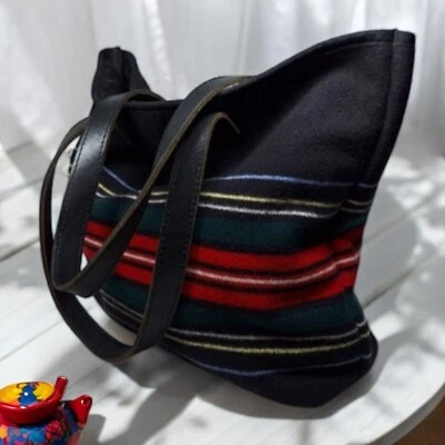 Pendleton Black Wool Blanket Tote Bag Leather Straps 13" H x 18" L x 5" W - Image 1 of 4