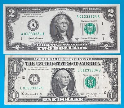 01233334 : MATCHING Partial Ladder $2 Two, $1 One Dollar Bill Serial Number - Image 1 of 4