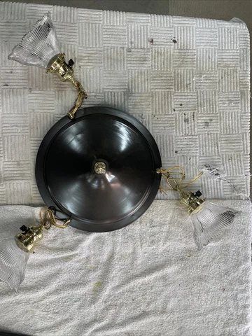 Antique Original Three Light Flush Mount Ceiling Light Fixture W Holophane Glass Cover