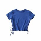 Women Lady Crop Top Short Sleeve Lace Up Slit Stretch Tight Spliced Chic