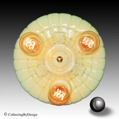 VTG Porcelier Art Deco Sunburst Porcelain 3-Bulb Ceiling Fixture c1930  RESTORED - Image 1 of 4