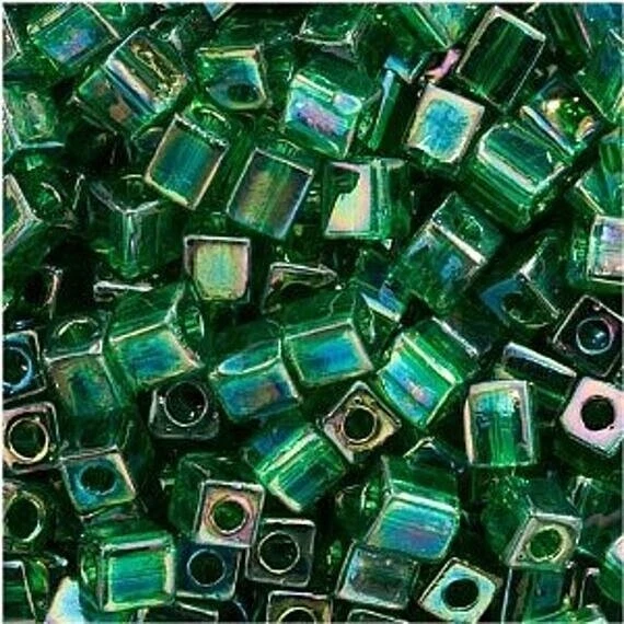 Miyuki  4mm Cube Seed Beads Transparent Emerald Green AB (10 Grams) - Image 1 of 1