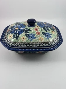 Polish Pottery UNIKAT Boleslawiec Blue Flower Small Covered Casserole Signed - Picture 1 of 7