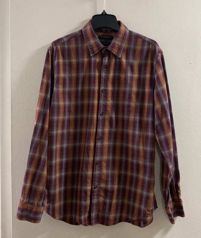 Banana Republic  Luxe Flannel Camden Fit Sz L Men Burgundy Multi Casual Shirt - Image 1 of 4