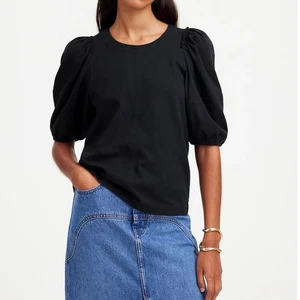 NWT Madewell Puff Sleeve Ruffle Trim Cotton Jersey Tee In Black Size Medium - Picture 1 of 8