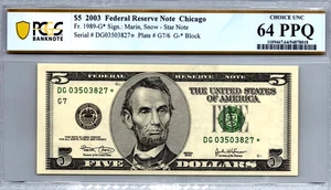 2003 $5 Federal Reserve Note Chicago (Star Note) PCGS 64 Ch-UNC PPQ Fr. 1989-G* - Picture 1 of 3