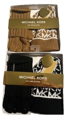 NUEVO CON ETIQUETAS Michael Kors Mujer Camel/Blanco o Negro/Blanco Logo Sombrero/Guantes, Ret. $88,00 Foto 1 de 4
