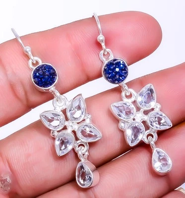 Titanium Blue Agate Drusy Gemstone 925 Sterling Silver Earring 2.15" A329 - Image 1 of 4