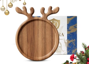 Acacia Wood Christmas Serving Platter with Antler Handle, 8"×10" round Wooden Fo - Picture 1 of 12