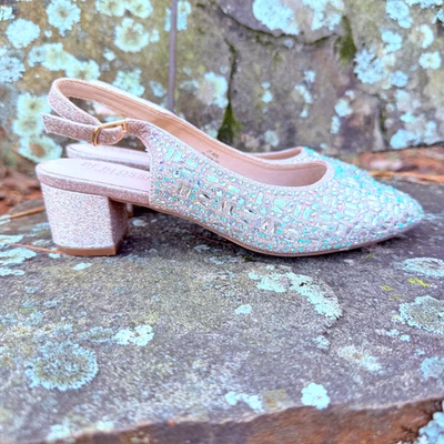 DE BLOSSOM Oro Estrás Bloque-Tacón Eslinga Talla 7.5 Brillante Noche Cómodo Foto 1 de 4