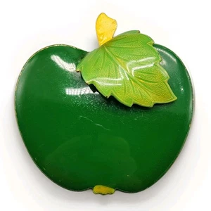 Vtg Large Green Apple Brooch Enamel Gold Tone 3D Pin Yellow Enameled Fruit Read - Picture 1 of 6