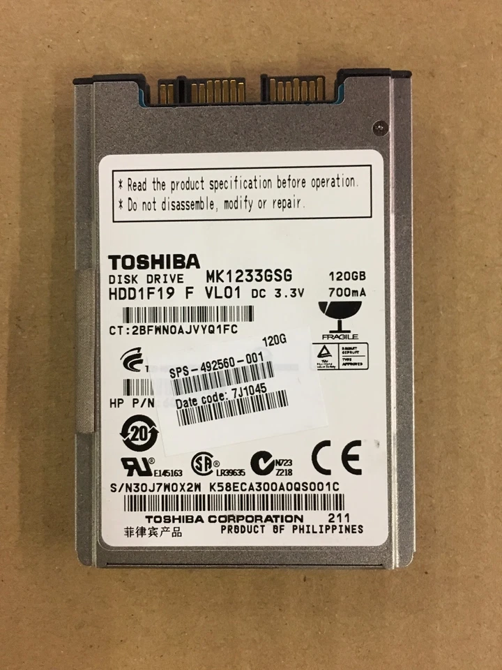 HP 601793-001,598777-001,Toshiba-160GB HDD -MK1633GSG-SATA 1.8 INCH,5400RPM - Image 1 of 1