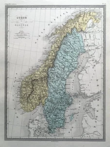 SWEDEN & NORWAY Original Malte Brun, hand coloured antique map c1850 - Picture 1 of 2