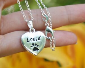 Loved Necklace Paw Print Pendant Cat Dog Pet Memorial Gift Silver Chain Beloved