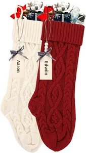 18" Personalized Christmas Stockings: 2 Pack Red Ivory Knit Christmas Stockings - Picture 1 of 6