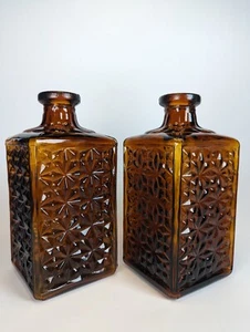 Vintage Amber Pressed Glass Decanters Set Of 2 Made in Taiwan Diamond Floral - Picture 1 of 16