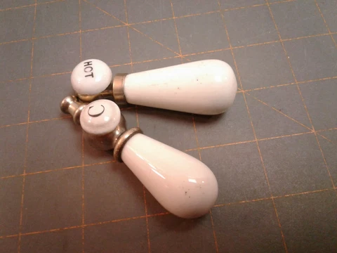 2 Antique White Porcelain Sink Faucet Handles w/ Buttons Brass Ends Plumbing Cover