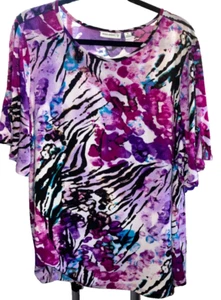 NWOT 1X SUSAN GRAVER BLACK WHITE PURPLE LIQUID KNIT TOP SLIT IN SLEEVES #C08 - Picture 1 of 5
