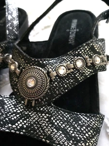 Minnetonka Snakeskin Rhinestone Dress Sandal Slingback Black Shoes Women 7 Wedge - Picture 1 of 4
