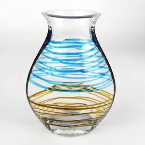 Vaso in vetro artistico 6", trasparente con linee blu e marroni, cristallo? Decorativo di design - Foto 1 di 12