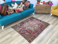 Red Antique rug, Muted rug, Turkish rug, Vintage rug, Outdoor rug, 3.9x4.8 ft