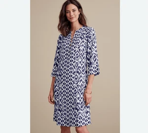 Morbido Dintorni Raven Abito Donna M Navy Bianco Ikat Manica 3/4 - Foto 1 di 8