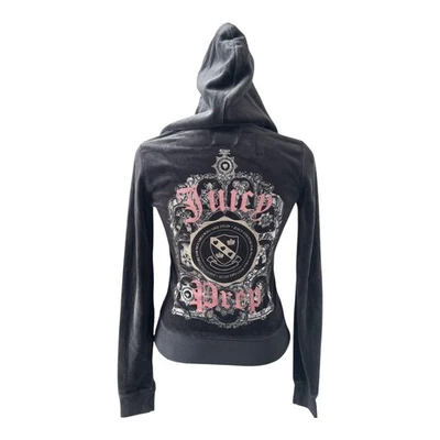 Rare Y2K Juicy Couture Prep Velour Zip Hoodie Charcoal Pink Foil Logo P/XS - Image 1 of 4